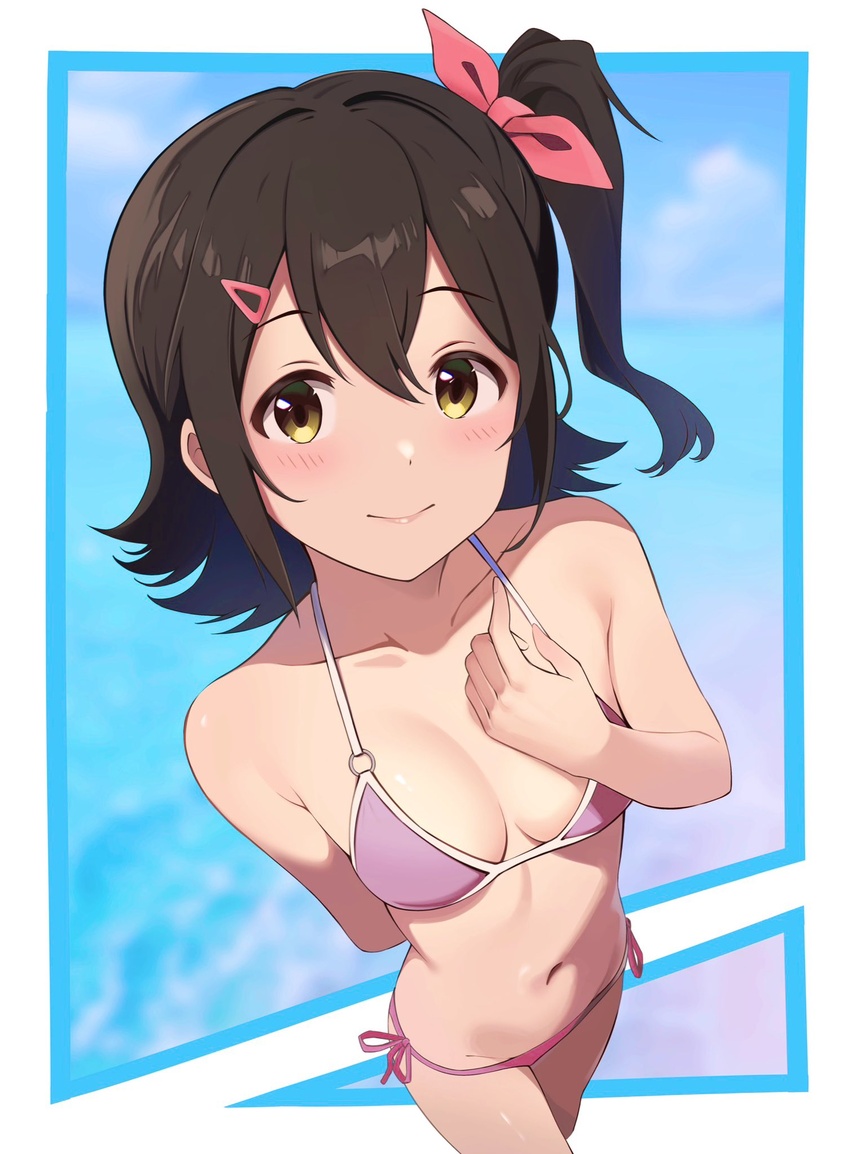 arm_behind_back bikini blush breasts breasts_apart brown_hair collarbone cropped_legs female groin highres idolmaster idolmaster_million_live! kasuga_mirai looking_at_viewer medium_breasts navel one_side_up oscar_08 pink_bikini side-tie_bikini_bottom smile solo swimsuit