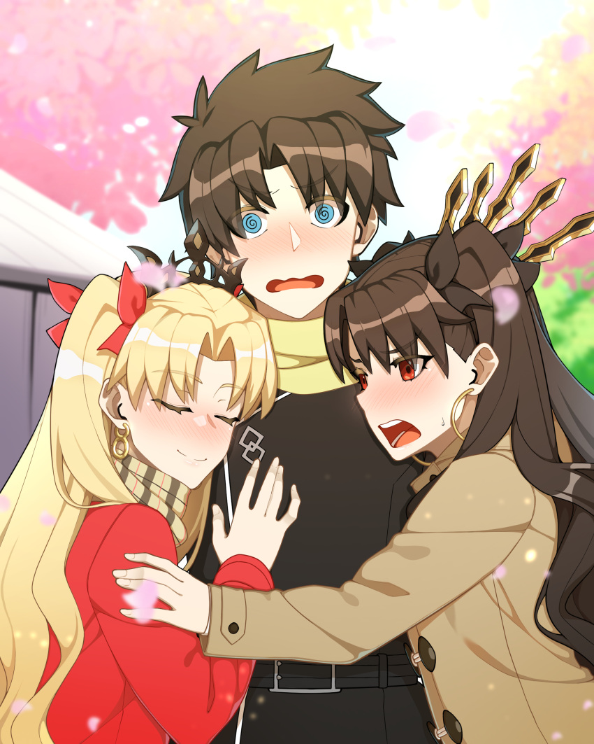 1boy 2girls @_@ \||/ absurdres alternate_costume black_hair black_ribbon blonde_hair blue_eyes blush brown_coat chaldea_logo coat commentary earrings english_commentary ereshkigal_(fate) fate/grand_order fate_(series) fujimaru_ritsuka_(male) fujimaru_ritsuka_(male)_(true_ether_chaldea_uniform) hair_ribbon hand_on_another's_arm hand_on_another's_chest highres hoop_earrings hyperbudd ishtar_(fate) jewelry long_hair looking_at_another looking_at_viewer multiple_girls nose_blush open_mouth red_coat red_eyes red_ribbon ribbon scarf siblings sisters smile sweatdrop two_side_up wavy_hair wavy_mouth winter_clothes winter_coat yellow_scarf