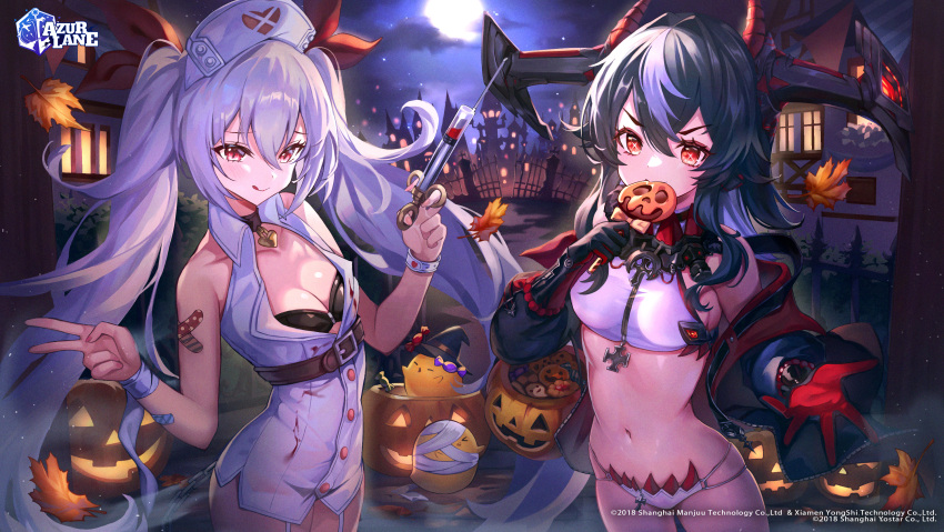 2girls :q azur_lane bare_arms bare_shoulders bikini bikini_under_clothes black_bikini black_choker black_gloves black_hair breasts candy choker closed_mouth docozi food full_moon garter_straps gloves halloween hat highres holding horns jack-o'-lantern lollipop long_hair long_sleeves looking_at_viewer medium_breasts moon multi-strapped_bikini multicolored_hair multiple_girls navel night nurse_cap off_shoulder official_alternate_costume official_art red_eyes red_gloves second-party_source shirt sleeveless sleeveless_shirt smile stomach streaked_hair swimsuit symbol-shaped_pupils syringe thighs tongue tongue_out twintails two-tone_hair v v-shaped_eyebrows vampire_(azur_lane) vampire_(little_devil_in_white)_(azur_lane) very_long_hair white_bikini white_hair white_shirt wing_collar wrist_cuffs x-shaped_pupils z16_(azur_lane)