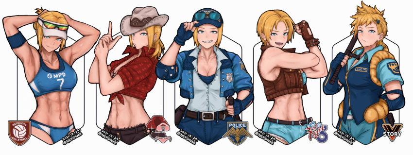 abs alternate_hair_length alternate_hairstyle blonde_hair cowboy_hat crop_top dated female final_fight final_fight_tough finger_gun flannel front-tie_top hat hershuar highres lucia_morgan multiple_persona muscular muscular_female official_alternate_costume police police_uniform policewoman short_hair smile spiked_hair sportswear street_fighter street_fighter_v toned uniform upper_body volleyball_uniform