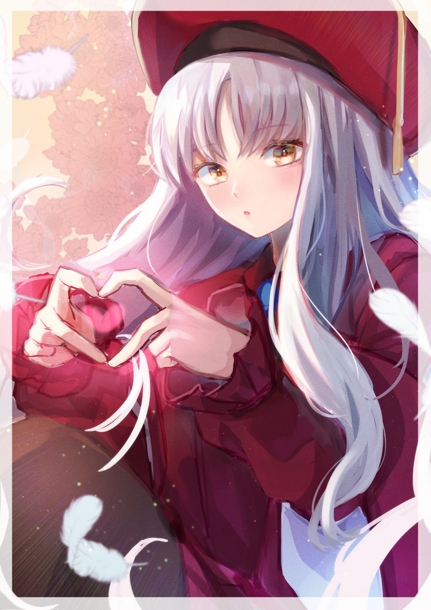 absurdres beret blush breasts brooch caren_hortensia caren_hortensia_(amor_caren) caren_hortensia_(amor_caren)_(second_ascension) dress fate/grand_order fate_(series) feathers female hat heart heart_hands highres jewelry long_hair long_sleeves looking_at_viewer medium_breasts nagute neck_ribbon open_mouth red_dress red_hat ribbon shawl solo wavy_hair white_hair yellow_eyes