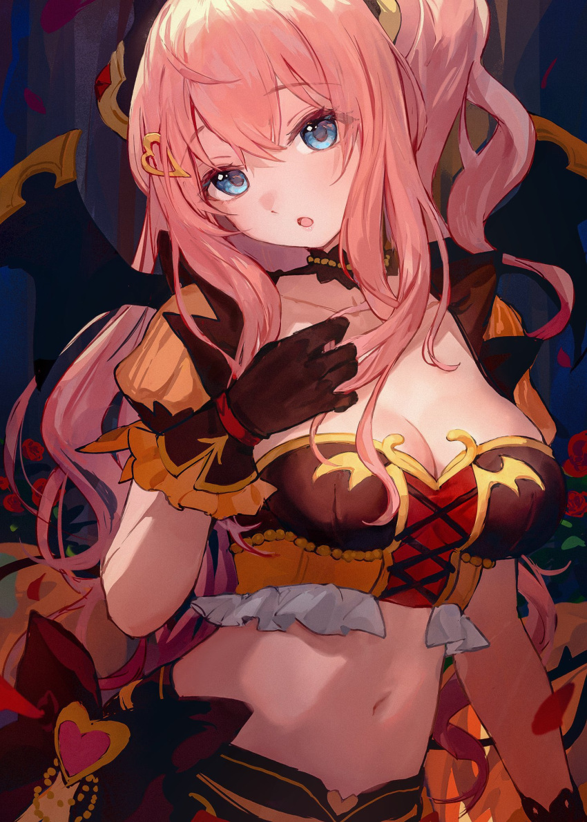 bare_shoulders black_gloves black_horns blue_eyes blush breasts cleavage commentary cross-laced_clothes cross-laced_top demon_girl demon_horns female gloves halloween_costume highres horns large_breasts long_hair looking_at_viewer open_mouth princess_connect! side_ponytail sidelocks solo suzuna_(halloween)_(princess_connect!) suzuna_(princess_connect!) symbol-only_commentary takeashiro