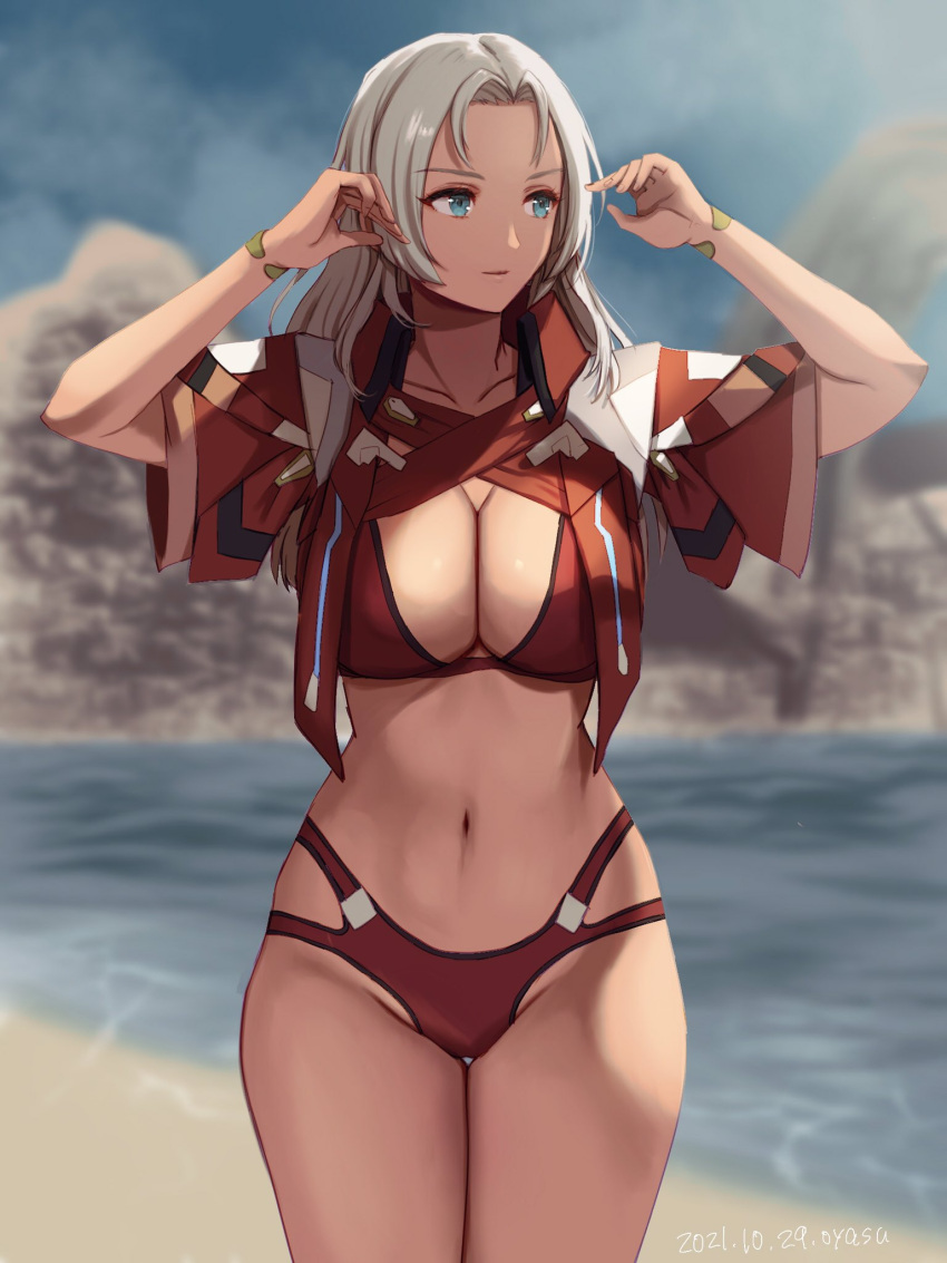 armor beach bikini blue_eyes breasts cleavage commentary_request commission dark-skinned_female dark_skin day elma_(xenoblade_x) female hair_ornament highres jacket long_hair navel outdoors red_bikini skeb_commission solo swimsuit white_hair xenoblade_chronicles_(series) xenoblade_chronicles_x yamamori_kinako