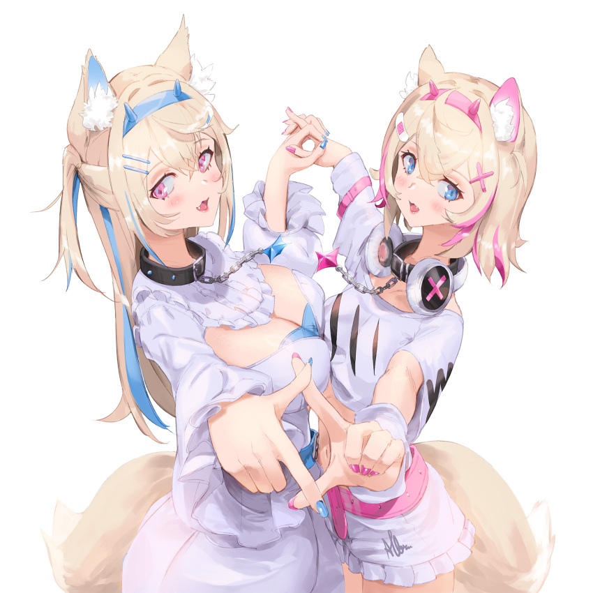 2girls :3 :d albreo animal_ear_fluff animal_ears belt black_collar blonde_hair blue_belt blue_eyes blue_hair blue_nails blush breasts cleavage_cutout clothing_cutout collar cropped_shirt dog_ears dog_girl dog_tail dress fuwawa_abyssgard fuwawa_abyssgard_(1st_costume) hair_ornament hairpin headphones headphones_around_neck highres holding_hands hololive hololive_english large_breasts long_hair medium_hair mococo_abyssgard mococo_abyssgard_(1st_costume) multicolored_hair multiple_girls nail_polish oerba_yun_fang open_mouth pink_belt pink_eyes pink_hair pink_nails shirt short_shorts shorts siblings sisters small_breasts smile spiked_collar spikes streaked_hair tail twins virtual_youtuber white_dress white_shirt white_shorts x_hair_ornament