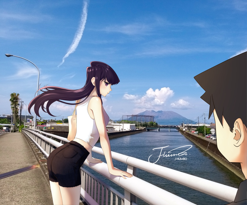 1boy absurdres black_eyes black_hair black_shorts blue_sky canal cloud day female highres j_humbo komi-san_wa_komyushou_desu komi_shouko long_hair outdoors photo_background road shirt short_hair shorts sky sleeveless sleeveless_shirt street tadano_hitohito water