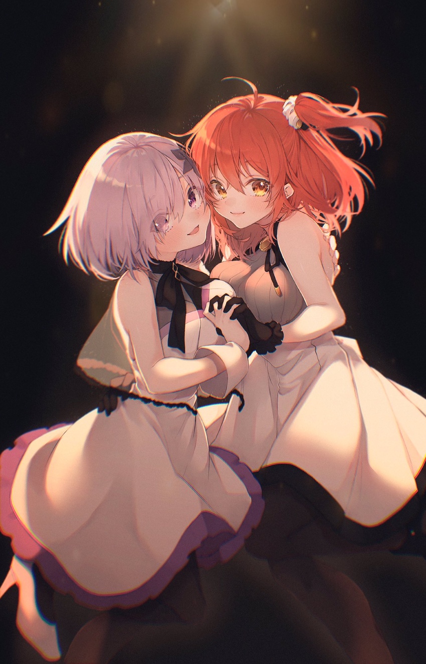 2girls alternate_costume bad_id bad_twitter_id bare_shoulders black_flower black_gloves black_neckwear blush breasts closed_mouth commentary_request dancing dress eyes_visible_through_hair fate/grand_order fate/grand_order_waltz_in_the_moonlight/lostroom fate_(series) flower formal fujimaru_ritsuka_(female) fujimaru_ritsuka_(female)_(waltz_in_the_moonlight/lostroom) gloves hair_between_eyes hair_flower hair_ornament hair_over_one_eye hair_scrunchie hand_on_another's_back hand_on_another's_hip highres holding_hands interlocked_fingers large_breasts light_purple_hair lips looking_at_viewer mash_kyrielight mash_kyrielight_(under_the_same_sky) medium_breasts multiple_girls official_alternate_costume open_mouth orange_hair pink_lips ponytail purple_eyes scrunchie short_hair side_ponytail sleeveless sleeveless_dress smile suna_co white_dress wrist_cuffs yellow_eyes yuri