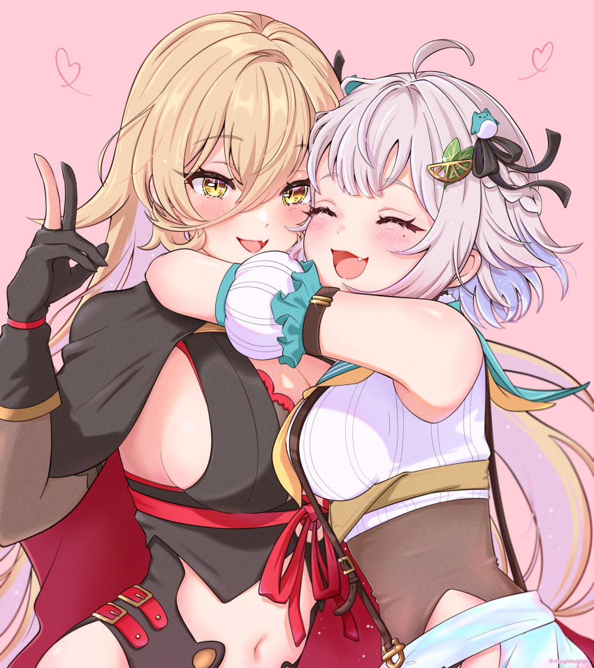 2girls black_gloves blonde_hair breasts closed_eyes gloves hayama_marin hayama_marin_(3rd_costume) highres hug large_breasts long_hair majomarity_(nijisanji) mole mole_under_eye mugimugigo multiple_girls nijisanji nui_sociere nui_sociere_(1st_costume) very_long_hair virtual_youtuber yellow_eyes