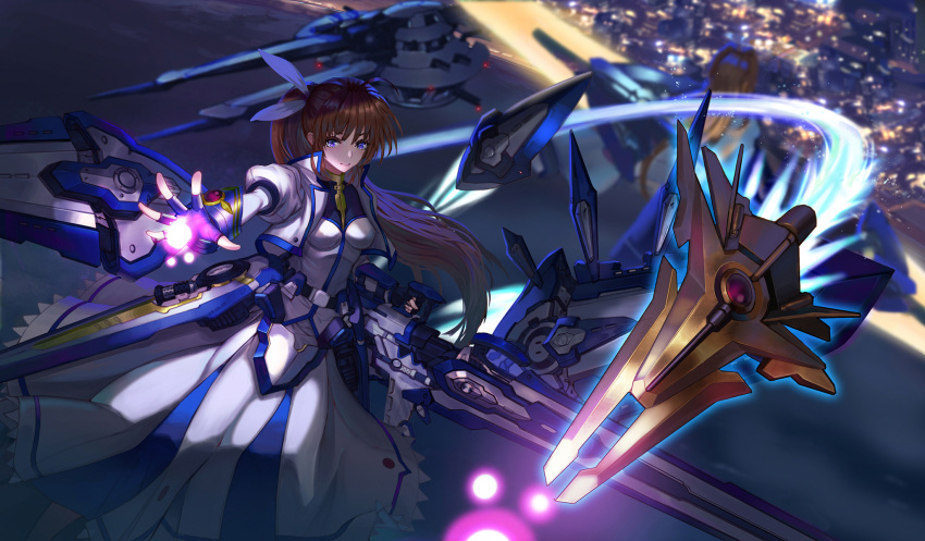 2girls arthra bardiche_(nanoha) bardiche_(riot_blade_ii)_(nanoha) bardiche_(riot_zanber_ii)_(nanoha) blonde_hair breasts brown_hair commentary_request cropped_jacket energy_ball fate_testarossa fingerless_gloves fortress_(nanoha) gloves highres juliet_sleeves little_owl long_hair long_sleeves looking_at_viewer lyrical_nanoha magical_girl mahou_senki_lyrical_nanoha_force md5_mismatch medium_breasts multiple_girls photoshop_(medium) puffy_sleeves purple_eyes raising_heart raising_heart_(standalone_flight_mode) resolution_mismatch side_ponytail smile source_smaller spacecraft strike_cannon takamachi_nanoha takamachi_nanoha_(exceed_mode) very_long_hair weapon