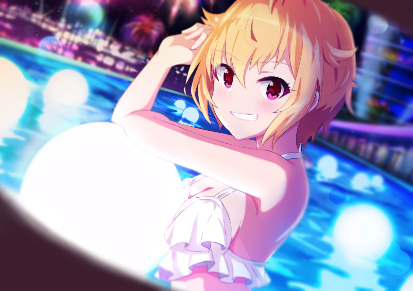 ahoge bare_shoulders bikini blonde_hair blurry blurry_background commentary_request dutch_angle female grin hair_flaps highres ibuki_tsubasa idolmaster idolmaster_million_live! looking_at_viewer night pink_eyes pool sanami_(sanami_t_38) short_hair smile solo swimsuit upper_body white_bikini