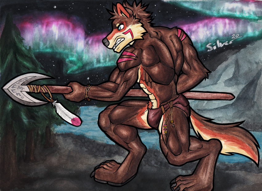 anthro aurora_(phenomenon) bottomwear canid canine canis clothing hi_res loincloth male mammal markings melee_weapon muscular muscular_anthro muscular_male northern painting_(artwork) polearm silverferak solo spear tattoo torik traditional_media_(artwork) tribal watercolor_(artwork) weapon wilderness wolf