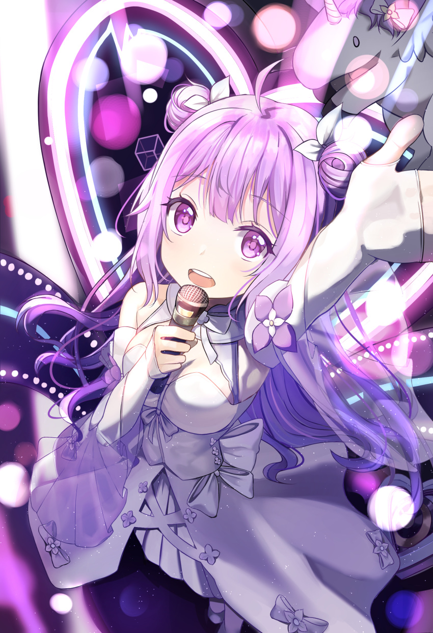 :d absurdres alicorn arm_up azur_lane bare_shoulders commentary detached_sleeves double_bun dress female from_above ha_en hair_bun hair_ribbon highres holding holding_microphone long_hair looking_at_viewer looking_up microphone music open_mouth pantyhose pleated_skirt purple_eyes purple_hair ribbon singing skirt smile solo unicorn_(angelic_night)_(azur_lane) unicorn_(azur_lane) white_dress white_pantyhose white_skirt