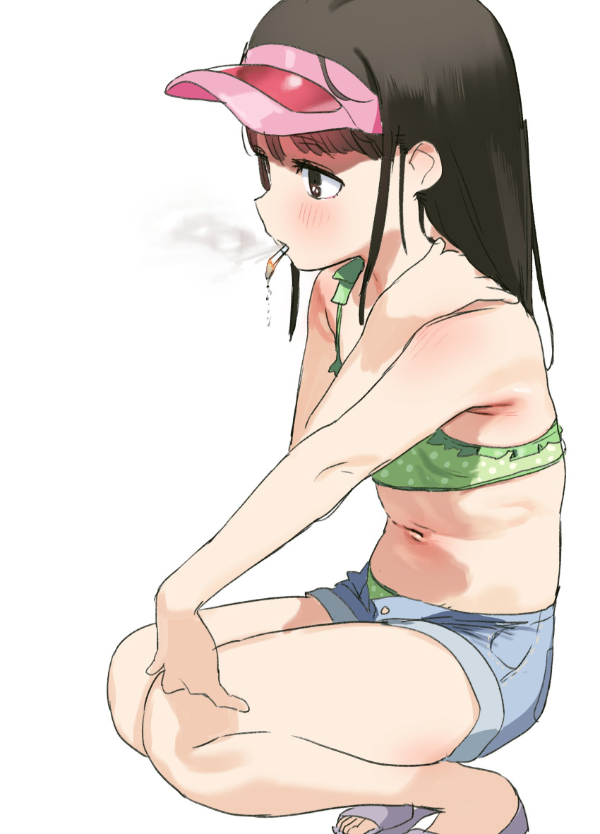 absurdres armpit_crease black_hair bra cigarette denim denim_shorts dorontabi female green_bra green_panties hand_on_own_shoulder highres lolicon long_hair panties polka_dot polka_dot_bra polka_dot_panties shorts simple_background smoke smoking solo squatting underwear visor_cap white_background