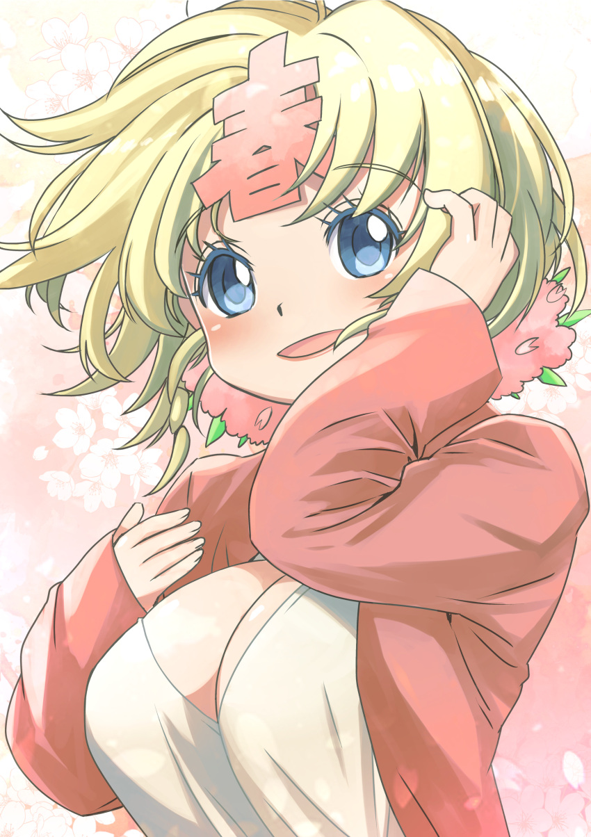 absurdres arm_up blonde_hair blue_eyes breasts cleavage eyelashes female floating_hair flower hair_flower hair_ornament hand_up haru-chan highres jacket large_breasts long_sleeves muramasa_mikado nhk_(broadcaster) open_clothes open_jacket open_mouth pink_flower pink_jacket shirt short_hair sleeves_past_wrists smile solo white_shirt