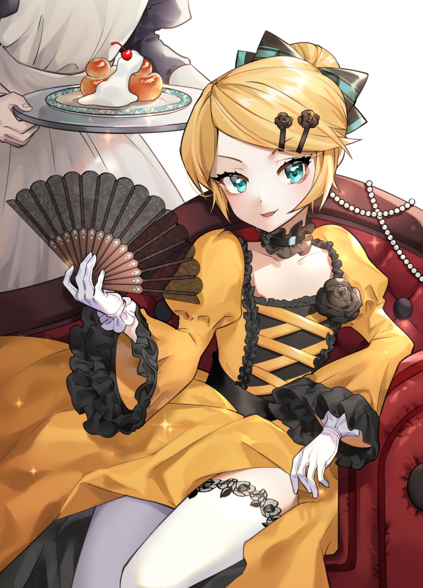 2girls absurdres aku_no_musume_(vocaloid) alternate_costume apron aqua_eyes armchair black_flower black_rose blonde_hair brioche chair cherry choker clothes_lift collarbone commentary_request dessert dress dress_flower dress_lift evillious_nendaiki flat_chest flower food frilled_gloves frilled_sleeves frills fruit gloves hair_bun hair_ornament hairclip hand_fan highres holding holding_fan holding_plate juliet_sleeves kagamine_rin lace-trimmed_legwear lace_trim legs legs_together lifting_own_clothes long_sleeves maid maid_apron multiple_girls pastry plate princess puffy_sleeves qltnrl9999 riliane_lucifen_d'autriche rose single_hair_bun sitting sitting_sideways smile solo_focus thighhighs thighs throne vocaloid white_gloves white_legwear wide_sleeves yellow_dress