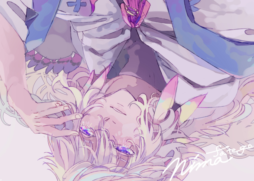 1boy androgynous bishounen black_shirt cloak facing_up fate/grand_order fate_(series) long_hair looking_up lying male_focus masuo1992 merlin_(fate) messy_hair on_back purple_eyes shirt white_background white_cloak white_hair