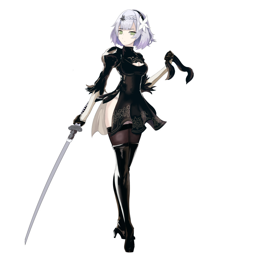 2b_(nier:automata) 2b_(nier:automata)_(cosplay) absurdres alternate_costume black_dress black_footwear black_gloves black_thighhighs blunt_bangs boots braid breasts cleavage cleavage_cutout clothing_cutout cosplay dress fabric female flower full_body genshin_impact gloves green_eyes hair_flower hair_ornament hairband highres holding holding_blindfold holding_sword holding_weapon katana long_sleeves looking_at_viewer nier:automata nier_(series) noelle_(genshin_impact) short_hair sidelocks simple_background single_braid solo standing sword thigh_boots thighhighs thighhighs_under_boots trait_connection unusualpie unworn_blindfold weapon white_background white_hair