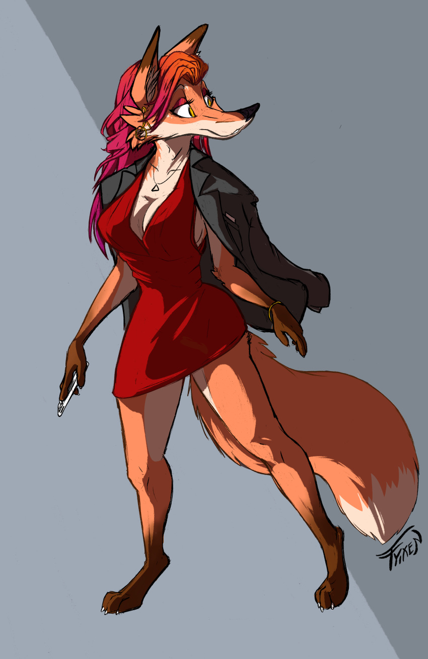 4_toes absurd_res anthro barefoot bedroom_eyes big_breasts breasts canid canine claws cleavage clothed clothing digitigrade dress feet female fluffy fluffy_tail fox fyixa_(fyixen) fyixen hair hi_res highlights_(coloring) jacket jewelry mammal narrowed_eyes necklace pink_hair pinup pose red_clothing red_dress red_fox seductive slim small_waist solo suit tail thick_thighs toes topwear true_fox