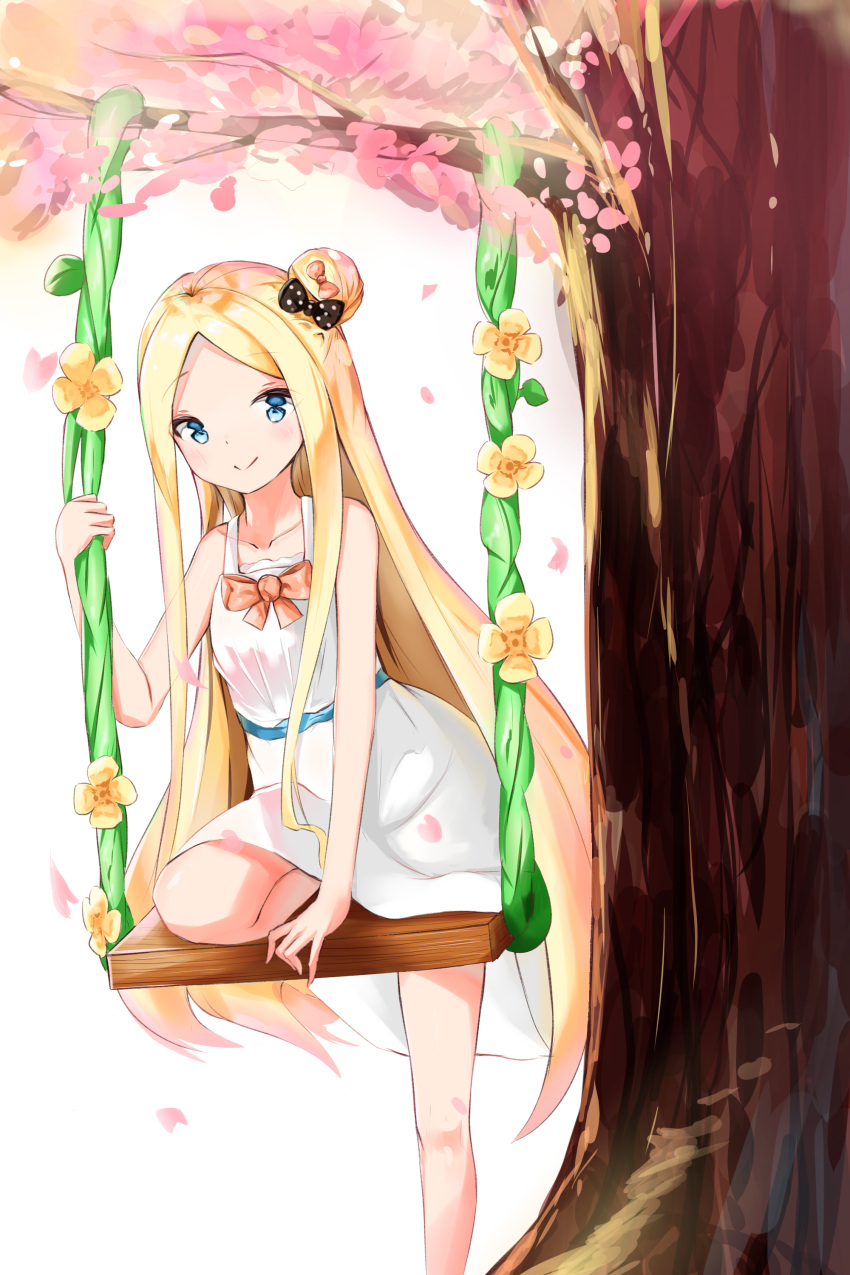 abigail_williams_(fate) absurdres bare_arms bare_shoulders black_bow blonde_hair blue_eyes blush bow closed_mouth commentary dress fate/grand_order fate_(series) feet_out_of_frame female hair_bun hairbow highres long_hair looking_at_viewer orange_bow parted_bangs polka_dot polka_dot_bow single_hair_bun single_side_bun sleeveless sleeveless_dress smile solo swing tree very_long_hair white_dress yukaa