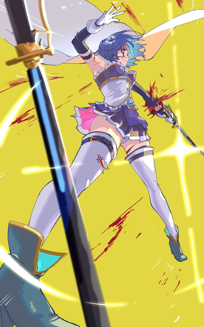 ass_visible_through_thighs blood blood_on_arm blood_on_face blood_on_leg blood_spray blue_eyes blue_hair blue_skirt blurry blurry_foreground cape corset cuts detached_sleeves dutch_angle elbow_gloves expressionless female foreshortening from_below gloves hands_up highres holding holding_sword holding_weapon injury legs_apart magical_girl mahou_shoujo_madoka_magica mahou_shoujo_madoka_magica_(anime) miki_sayaka miki_sayaka_(magical_girl) panties pantyshot planted planted_sword pointing_sword pointing_weapon saber_(weapon) short_hair simple_background skirt sleeveless solo standing sword thighhighs thighs torn_clothes torn_thighhighs underwear upskirt weapon white_cape white_corset white_gloves white_panties white_thighhighs wind wind_lift yellow_background yooki_(winter_cakes)