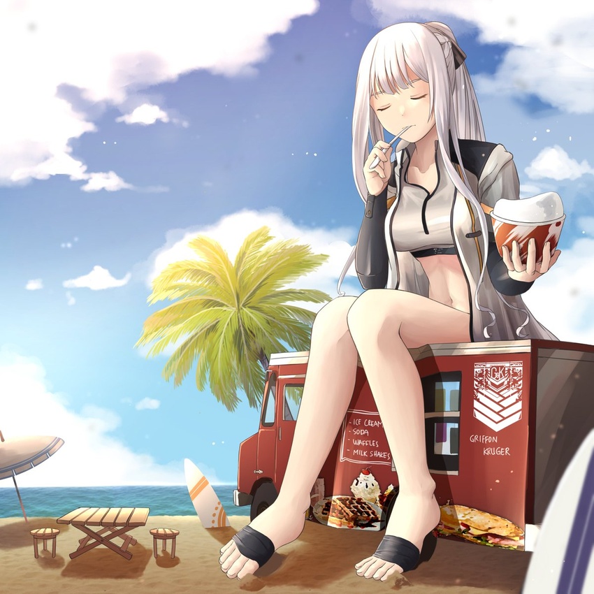 ak-12_(age_of_slushies)_(girls'_frontline) ak-12_(girls'_frontline) bandaged_foot bandages beach beach_umbrella blue_sky breasts chair closed_eyes cloud collarbone commentary commission day eating feet female food food_truck giant giantess girls'_frontline highres holding jacket korean_commentary legs medium_breasts motor_vehicle no_shoes official_alternate_costume open_clothes open_jacket outdoors palm_tree ponytail second-party_source shaved_ice shore sitting sky solo surfboard swimsuit table toeless_footwear toes tree truck umbrella white_hair