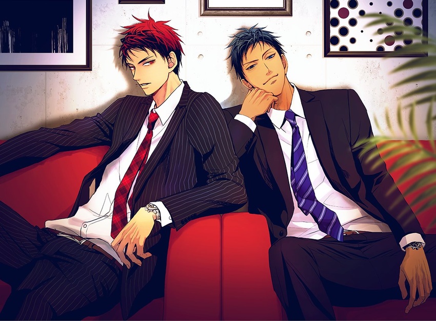 2boys a_jou aomine_daiki argyle_clothes argyle_necktie belt black_jacket black_pants black_suit blue_eyes blue_hair blue_neckwear brown_belt chair closed_mouth collared_shirt cowboy_shot dress_shirt formal head_rest indoors jacket kagami_taiga kuroko_no_basuke long_sleeves looking_at_viewer male_focus multiple_boys necktie pants pinstripe_pants pinstripe_pattern pinstripe_suit red_eyes red_hair red_necktie shirt short_hair sitting smile striped striped_necktie suit tsurime watch white_shirt wristwatch