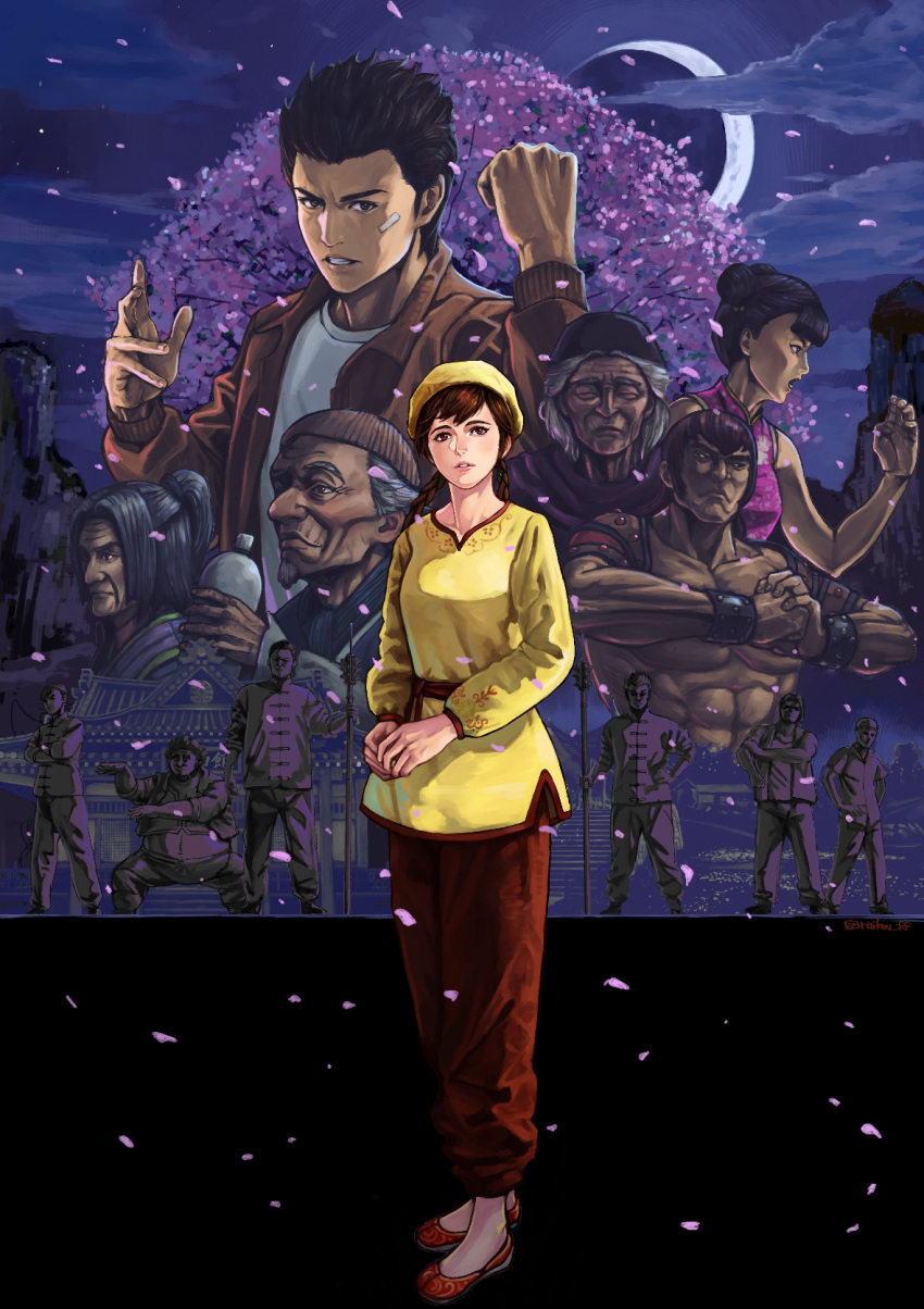 bandaid bandaid_on_face braid brown_eyes character_request cherry_blossoms clenched_hand cloud crescent_moon hazuki_ryou highres jacket leather leather_jacket ling_shen_hua moon moonlight multiple_boys multiple_girls night night_sky pants petals raikou_(yorimitsu) red_footwear red_pants sash shenmue shenmue_iii shirt sky spiked_hair tree twin_braids white_shirt yellow_shirt zhen_wei