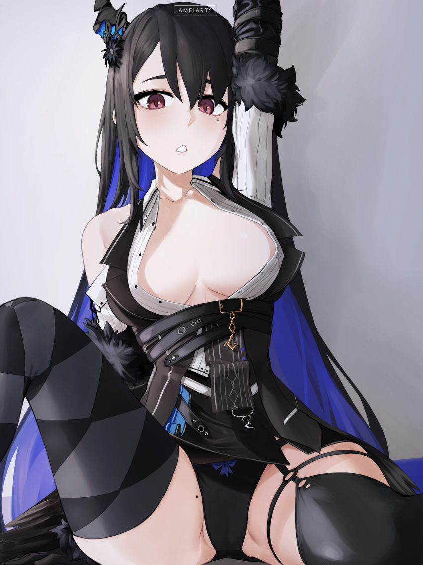 :o ameiarts asymmetrical_horns black_hair black_panties blue_hair breasts colored_inner_hair commentary demon_horns female hair_ornament highres hololive hololive_english horns large_breasts long_hair mole mole_on_thigh mole_under_eye multicolored_hair nerissa_ravencroft nerissa_ravencroft_(1st_costume) no_bra open_mouth panties red_eyes solo spread_legs thighhighs thighs two-tone_hair underwear uneven_horns virtual_youtuber