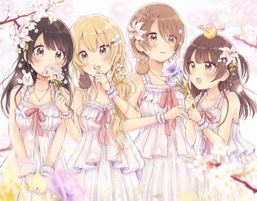 4girls :d :o animal animal_on_shoulder bird black_hair blonde_hair blurry blurry_foreground blush bow braid breasts brown_eyes brown_hair chick commentary depth_of_field dress feline flower hair_between_eyes hair_flower hair_ornament hairclip highres higuchi_kaede_(swing!!) long_hair medium_breasts miyasato_haruka mouse_(animal) multiple_girls neck_ribbon oerba_yun_fang okamoto_natsuhi one_side_up open_mouth parted_lips pink_flower purple_flower rabbit red_bow red_ribbon ribbon sakura_oriko short_hair sleeveless sleeveless_dress small_breasts smile swing!! very_long_hair white_dress white_flower wrist_cuffs yellow_flower yokomine_ibuki