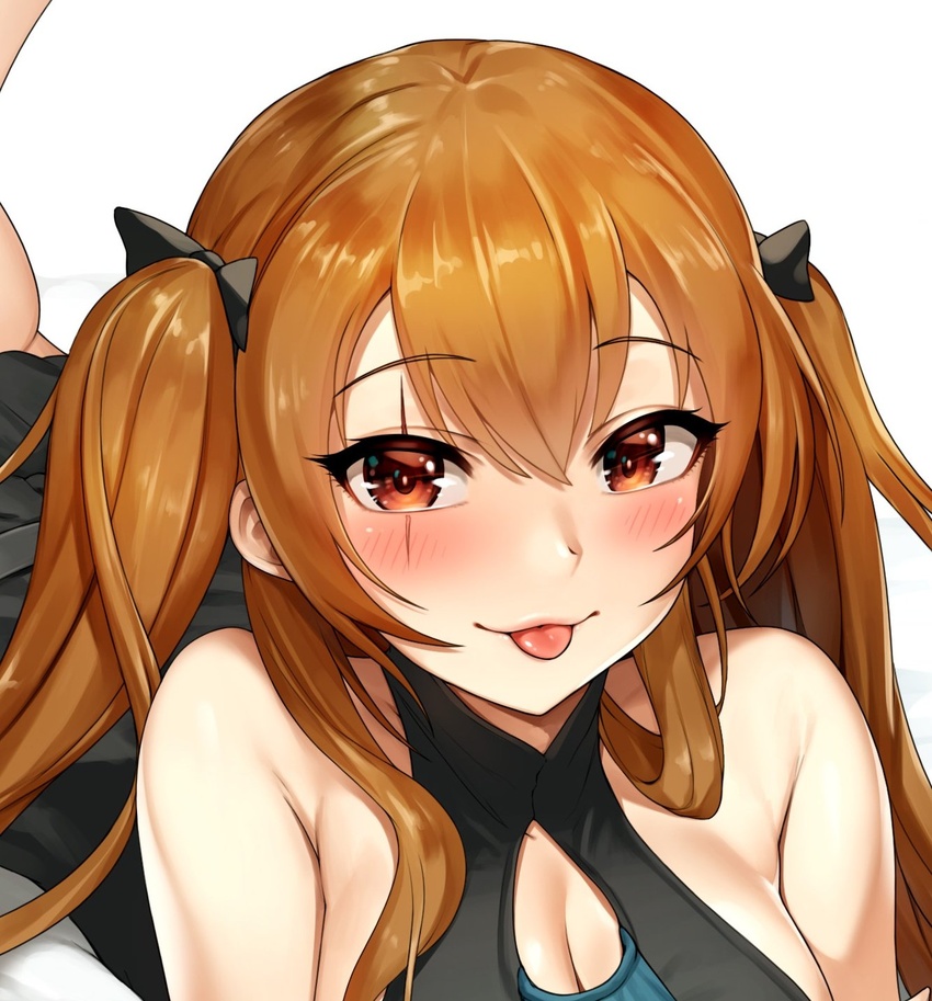 :p armpit_crease bad_id bad_twitter_id bare_shoulders black_bow black_dress blush bow breasts brown_eyes brown_hair cleavage cleavage_cutout clothing_cutout dress eyelashes female girls'_frontline hair_between_eyes hairbow highres jai_(whany1998) looking_at_viewer lying official_alternate_costume on_stomach scar scar_across_eye scar_on_face simple_background sleeveless sleeveless_dress smile solo tongue tongue_out twintails ump9_(girls'_frontline) ump9_(the_world's_melody)_(girls'_frontline) white_background