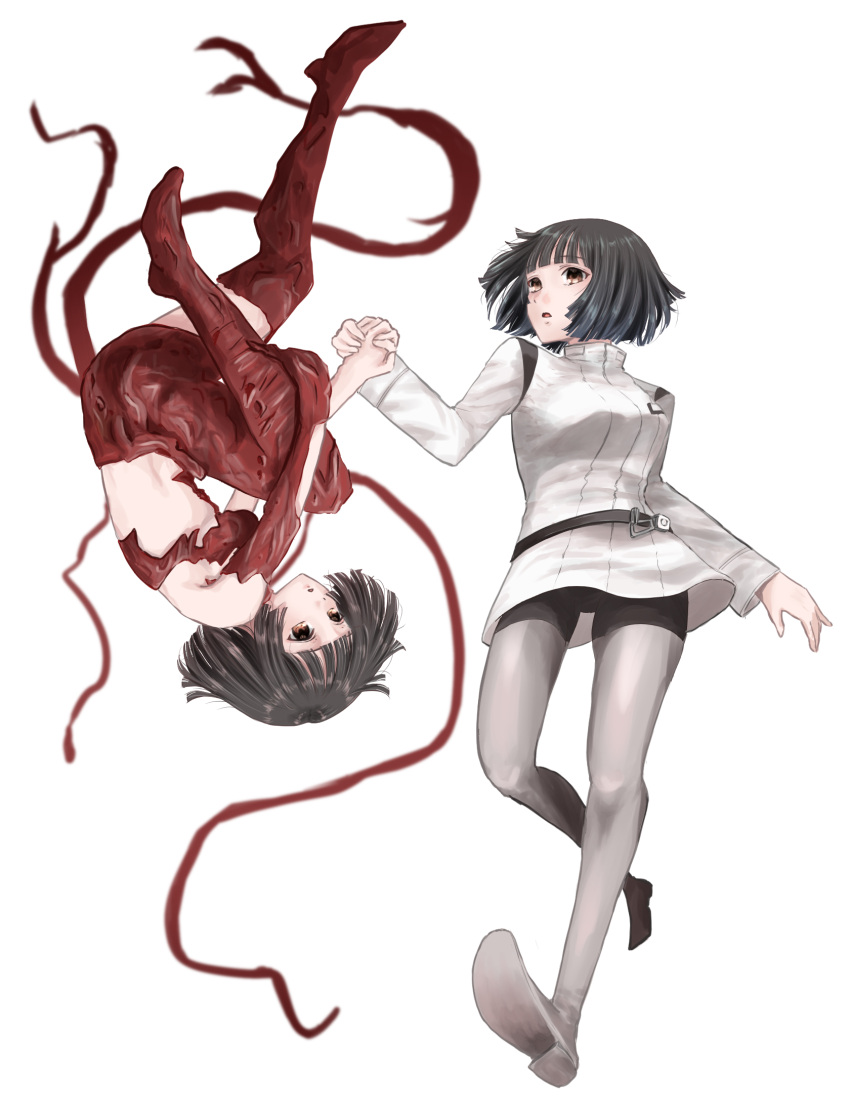 2girls brown_eyes brown_hair dress gauna gauna_491 highres hoshijiro_shizuka looking_at_viewer multiple_girls open_mouth pantyhose shiraco_(sgdv2435) short_hair sidonia_no_kishi skirt tentacle turtleneck turtleneck_dress upside-down white_background white_dress