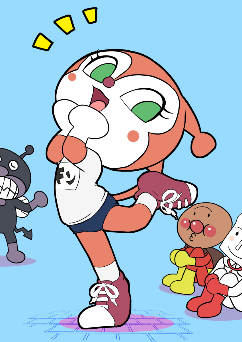 3boys alternate_costume anpanman anpanman_(character) baikinman blue_background blue_buruma blush blush_stickers buruma character_name clothes_writing colored_skin commentary_request dokin-chan female flat_chest full_body green_eyes gym_uniform hand_to_own_mouth hands_up happy highres knees_up leg_up legs looking_at_another looking_to_the_side multicolored_skin multiple_boys notice_lines oira_wa_arumajiro open_mouth own_hands_together pink_skin red_footwear shirt shoes shokupanman short_sleeves simple_background sitting smile sneakers socks solo_focus standing standing_on_one_leg translated two-tone_skin white_shirt white_skin white_socks