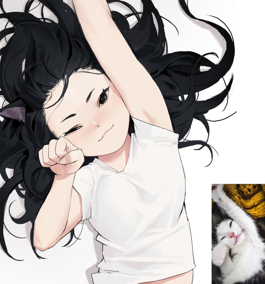 :3 animal_ears armpit_peek bad_id bad_twitter_id black_eyes black_hair blush cat_ears closed_mouth commentary derivative_work dongho_kang female flat_chest highres long_hair looking_at_viewer lying messy_hair on_back one_eye_closed original paw_pose photo-referenced photo_inset reaching reaching_towards_viewer real_life reference_inset shirt short_sleeves smile solo symbol-only_commentary upper_body white_shirt