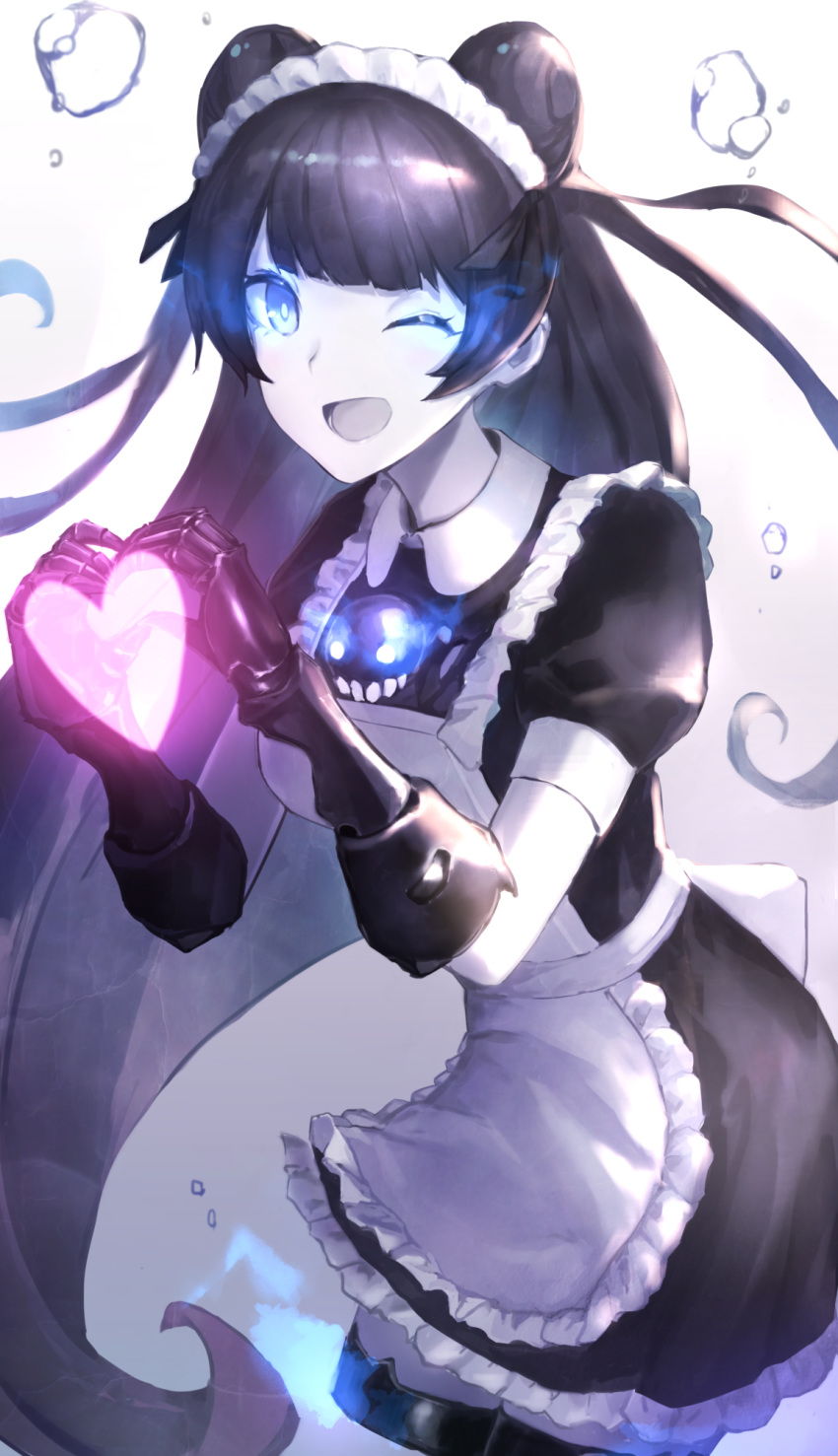 abyssal_ship alternate_costume apron bad_id bad_pixiv_id black_hair blue_eyes blunt_bangs colored_skin cropped_legs double_bun enmaided female gauntlets glowing glowing_eyes hair_bun heart heart_hands highres kantai_collection light_cruiser_oni long_hair maid maid_apron maid_headdress one_eye_closed puffy_short_sleeves puffy_sleeves short_sleeves sidelocks solo very_long_hair weasel_(close-to-the-edge) white_skin