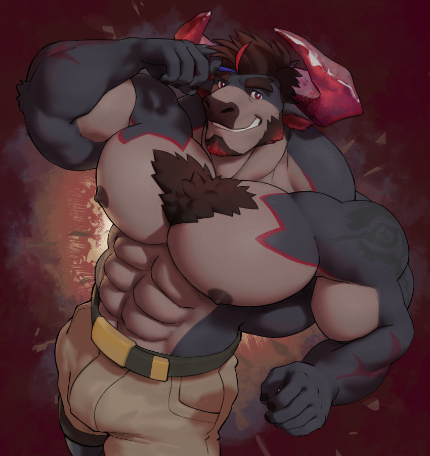 abs anthro belt body_hair bovid bovine brown_hair cattle chest_hair dark_nipples facial_hair fur goatee hair hi_res horn lifewonders live_a_hero male mammal muscular muscular_arms muscular_male navel nipples obsidius pecs red_hair ripped-saurian shirtless sideburns smile solo tan_body tan_fur