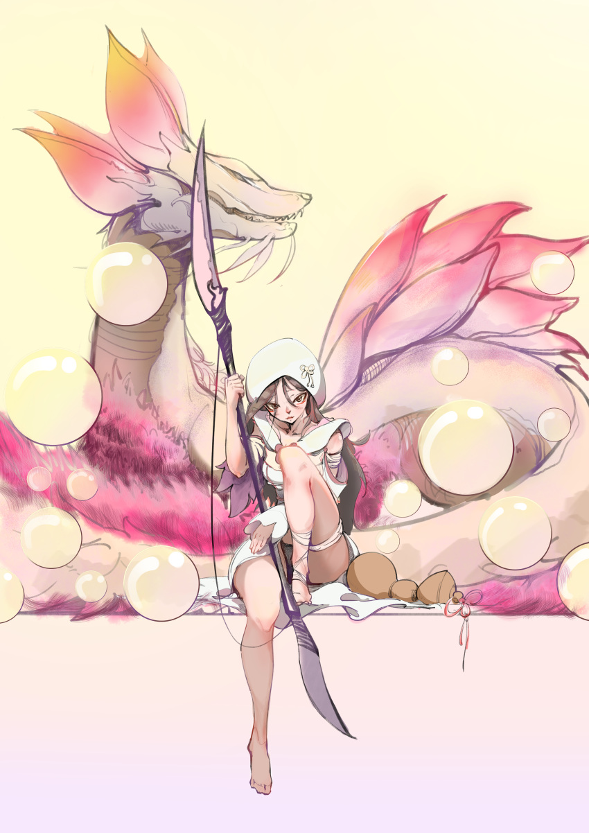 absurdres bare_legs barefoot black_hair bubble female highres hood insect_glaive looking_at_viewer mizutsune mizutsune_(armor) monster monster_hunter_(character) monster_hunter_(series) monster_hunter_rise panties simple_background sitting underwear user_cnyy2822 weapon