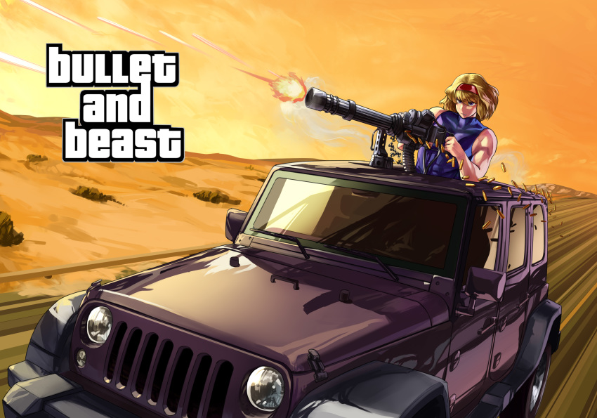 alice_margatroid alternate_muscle_size blonde_hair blue_tank_top car commentary_request cookie_(touhou) desert english_text female firing gatling_gun grand_theft_auto gun hairband highres holding holding_gun holding_weapon jeep_(company) jeep_wrangler looking_to_the_side megafaiarou_(talonflame_810) minigun motor_vehicle mountain muscular muscular_female muzzle_flash orange_sky purple_eyes red_hairband road sakuranbou_(cookie) shell_casing short_hair sky solo sports_utility_vehicle sunroof tank_top touhou upper_body vehicle_focus weapon