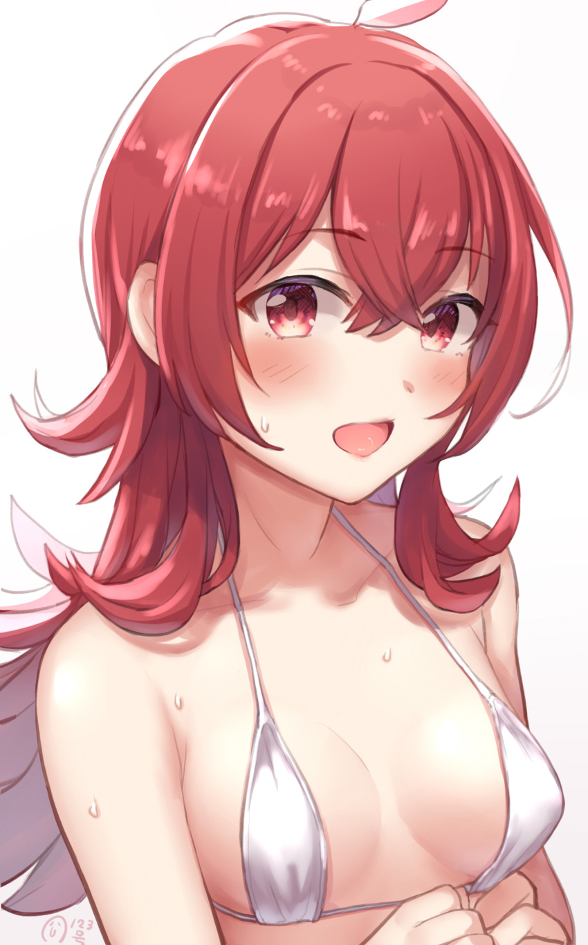 bikini bikini_top_only blush breasts collarbone commentary_request crossed_bangs female hair_between_eyes highres idolmaster idolmaster_shiny_colors kijibato_123-gou komiya_kaho long_hair looking_at_viewer medium_breasts open_mouth red_eyes red_hair solo swimsuit upper_body wet white_bikini