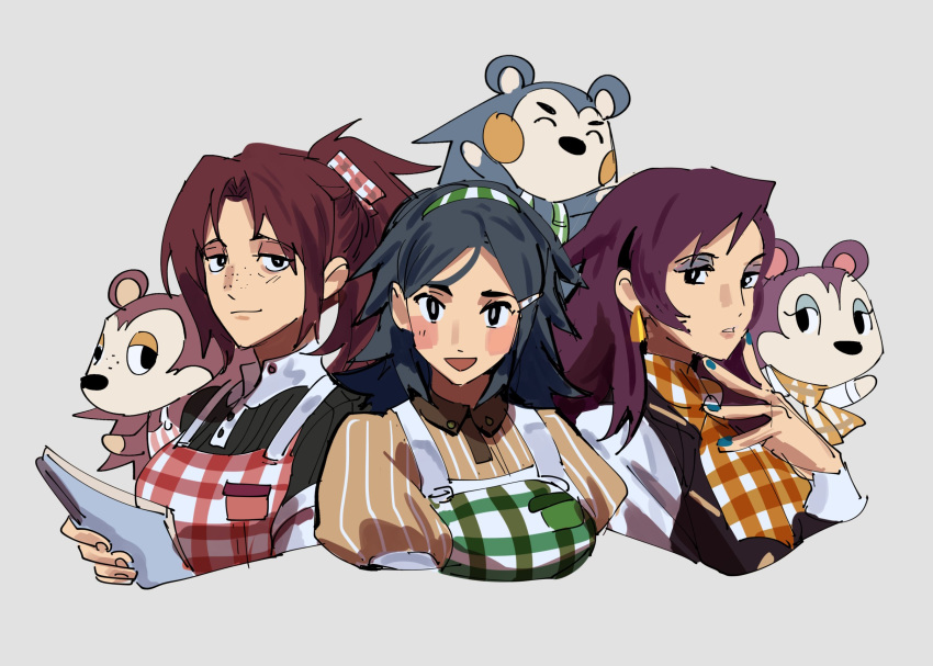 3girls animal_crossing apron black_eyes black_hair black_shirt black_vest blue_nails blush_stickers breasts brown_hair brown_shirt collared_shirt commentary earrings english_commentary eyeshadow freckles green_apron grey_background hair_ornament hair_ribbon hairband hairclip hedgehog highres humanization jewelry kendy_(revolocities) label_able_(animal_crossing) light_smile lips long_hair looking_at_viewer mabel_able_(animal_crossing) makeup medium_breasts medium_hair multiple_girls nail_polish open_mouth orange_scarf parted_bangs plaid plaid_apron plaid_scarf ponytail purple_hair red_apron ribbon sable_able_(animal_crossing) scarf shirt siblings simple_background sisters smile striped_clothes striped_shirt upper_body vest white_shirt