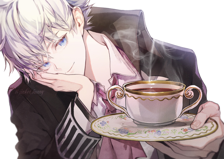 1boy ascot bad_id bad_pixiv_id black_coat blue_eyes charles-henri_sanson_(fate) cheek_rest closed_mouth coat collared_shirt commentary cup fate/grand_order fate_(series) hair_between_eyes hand_up highres holding holding_plate koshika_rina long_sleeves looking_at_viewer male_focus pink_ascot plate shirt short_hair simple_background smile solo steam tea teacup twitter_username upper_body white_background white_hair white_shirt