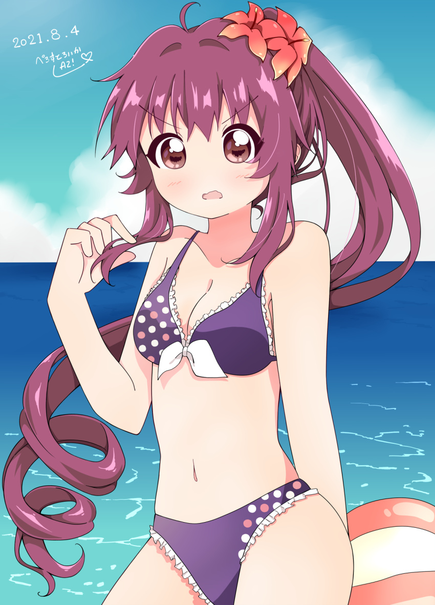 artist_name az!_(azu) bikini blush breasts cleavage cloud collarbone dated day female flower frilled_bikini frills hair_flower hair_ornament hand_in_own_hair hand_up highres long_hair looking_at_viewer navel ocean open_mouth outdoors ponytail purple_bikini purple_eyes purple_hair sky small_breasts solo sugiura_ayano swimsuit very_long_hair yuru_yuri