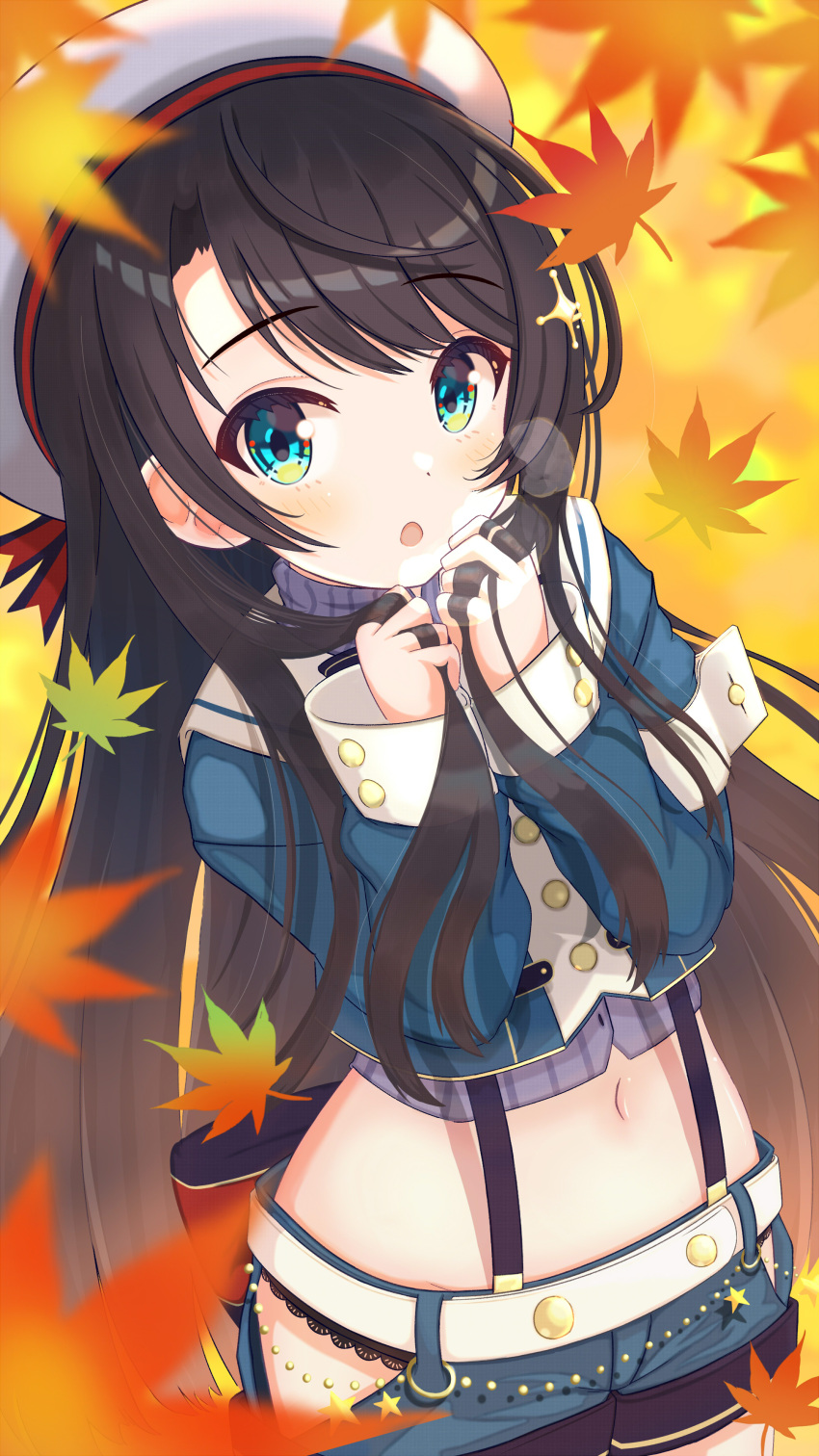 :o absurdres aqua_eyes armband autumn_leaves banana_de_ikopon belt black_bow black_bowtie black_panties blue_jacket blue_shorts bow bowtie brown_hair buttons cowboy_shot crop_top cropped_jacket cropped_shirt female grey_shirt hands_up hat high_collar highres hip_vent holding holding_own_hair hololive jacket lace-trimmed_panties lace_trim light_blush long_hair long_sleeves looking_at_viewer midriff navel official_alternate_costume oozora_subaru oozora_subaru_(work) open_mouth panties panty_peek pinstripe_pattern pinstripe_shirt sailor_hat shirt shorts sleeve_cuffs star_(symbol) striped_clothes striped_shirt suspender_shorts suspenders swept_bangs underwear vertical-striped_clothes vertical-striped_shirt very_long_hair virtual_youtuber white_belt