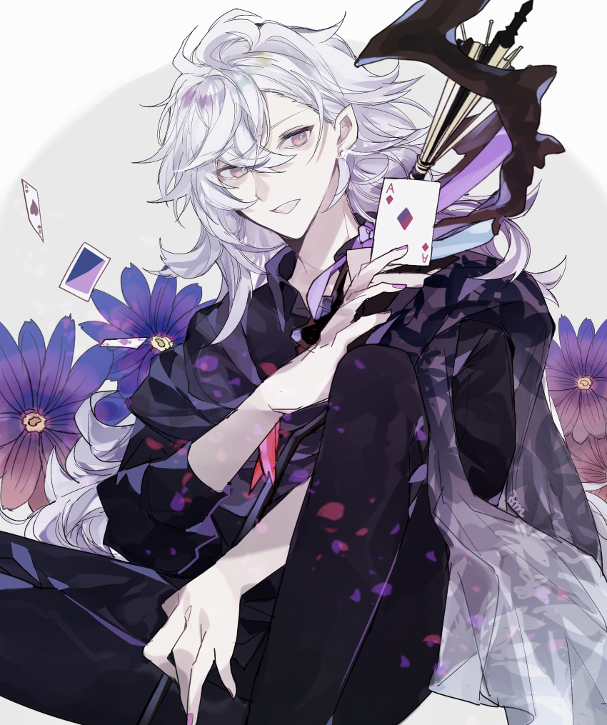 1boy ace_(playing_card) ace_of_diamonds bad_anatomy bishounen black_pants black_shirt card diamond_(shape) fate/grand_order fate_(series) flower grey_scarf highres long_hair long_sleeves male_focus merlin_(camelot_&_co)_(fate) merlin_(fate) messy_hair misato_karuha multicolored_background pants playing_card purple_background purple_eyes scarf shirt white_background white_hair