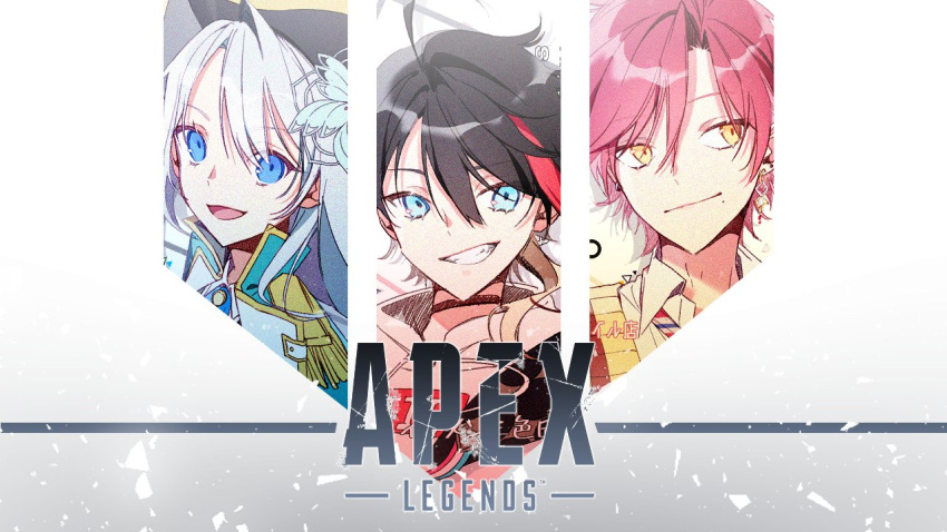 2boys apex_legends ascot ban_hada black_choker black_hair black_jacket blue_ascot blue_capelet blue_eyes blue_headwear blue_jacket brown_eyes capelet choker collared_shirt female grey_hair ha_yun hair_behind_ear hood hoodie jacket logo looking_to_the_side mole mole_under_mouth multicolored_hair multicolored_vest multiple_boys nai_(0fficialnothing) necktie nijisanji nijisanji_kr open_mouth protected_link red_eyes red_hair red_necktie saegusa_akina shirt smile smirk streaked_hair virtual_youtuber white_hoodie white_shirt