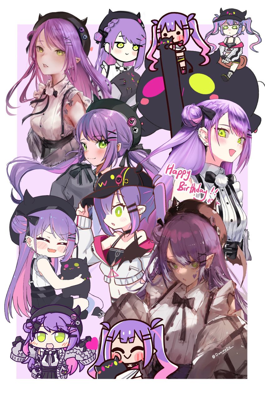 :o ^_^ absurdres aka_shiba artist_name artpatient baseball_cap belt beret bibi_(tokoyami_towa) black_bow black_headwear black_skirt blush bow breasts bright_pupils chroneco closed_eyes collaboration collage collarbone collared_shirt colored_inner_hair cropped_jacket daiishori demon_tail dokuro_deluxe ear_piercing eyebrows_hidden_by_hair fake_horns female floating_hair frilled_shirt frills green_eyes grey_sweater hair_behind_ear hair_bun hair_ornament hairbow hairclip hat heart highres hololive horned_headwear horns hyde_(tabakko) jacket jirai_kei kukie-nyan long_hair longcat_(meme) looking_at_viewer maru_ccy meme multicolored_hair multiple_views navel navel_piercing oerba_yun_fang off_shoulder official_alternate_costume open_mouth parted_lips piercing pink_hair pointy_ears potato7192 purple_hair roamingtuna shirt single_side_bun skirt sleeveless sleeveless_shirt sleeves_past_fingers sleeves_past_wrists small_breasts smile sweater tail tokoyami_towa tokoyami_towa_(1st_costume) tokoyami_towa_(jirai_kei) twintails virtual_youtuber white_background white_belt white_jacket white_pupils white_shirt