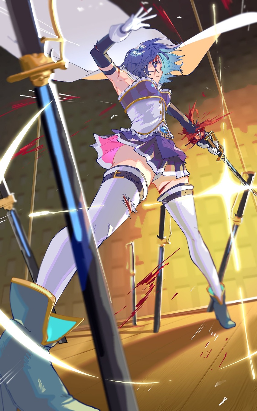 ass_visible_through_thighs blood blood_on_arm blood_on_leg blue_eyes blue_hair blue_skirt cape commentary cuts detached_sleeves dutch_angle female field_of_blades gloves highres injury legs_apart magical_girl mahou_shoujo_madoka_magica mahou_shoujo_madoka_magica_(anime) miki_sayaka miki_sayaka_(magical_girl) panties pantyshot planted planted_sword saber_(weapon) severed_hand short_hair skirt solo standing sword thighhighs thighs torn_clothes torn_thighhighs underwear upskirt weapon white_cape white_gloves white_panties white_thighhighs wind wind_lift yooki_(winter_cakes)