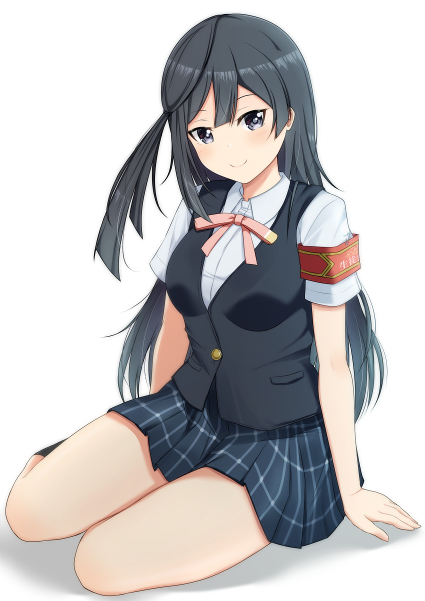 absurdres armband black_eyes black_hair blue_shirt blue_vest collared_shirt dress_shirt female grey_eyes grey_skirt highres kamesys long_hair love_live! love_live!_nijigasaki_high_school_idol_club nakagawa_nana neck_ribbon nijigasaki_school_uniform one_side_up plaid plaid_skirt pleated_skirt red_armband red_ribbon ribbon school_uniform shirt short_sleeves skirt solo summer_uniform uniform vest white_shirt yuki_setsuna_(love_live!)