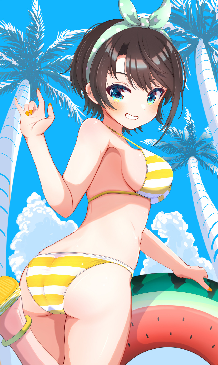 absurdres aqua_eyes ass banana_de_ikopon bare_shoulders bikini blush bow breasts brown_hair cowboy_shot day female from_behind from_below grin hairbow highres hololive innertube looking_at_viewer looking_back medium_breasts oozora_subaru oozora_subaru_(hololive_summer_2019) outdoors palm_tree polka_dot sandals short_hair sideboob sky smile solo standing standing_on_one_leg strap_gap striped_bikini striped_clothes swept_bangs swim_ring swimsuit tree virtual_youtuber