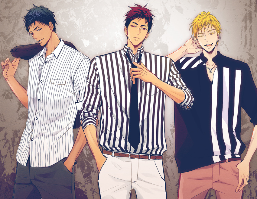 3boys a_jou adjusting_clothes adjusting_necktie aomine_daiki arm_up belt black_eyes black_necktie black_pants black_shirt blonde_hair blue_hair brown_belt closed_mouth collared_shirt cowboy_shot dark-skinned_male dark_skin hand_in_pocket hand_up holding holding_clothes holding_jacket jacket kagami_taiga kise_ryouta kuroko_no_basuke looking_at_another looking_at_viewer male_focus multiple_boys necktie open_mouth over_shoulder pants red_eyes red_hair red_pants shirt short_hair sideways_glance sleeves_rolled_up smile striped_clothes striped_shirt tongue tongue_out two-tone_shirt white_pants white_shirt