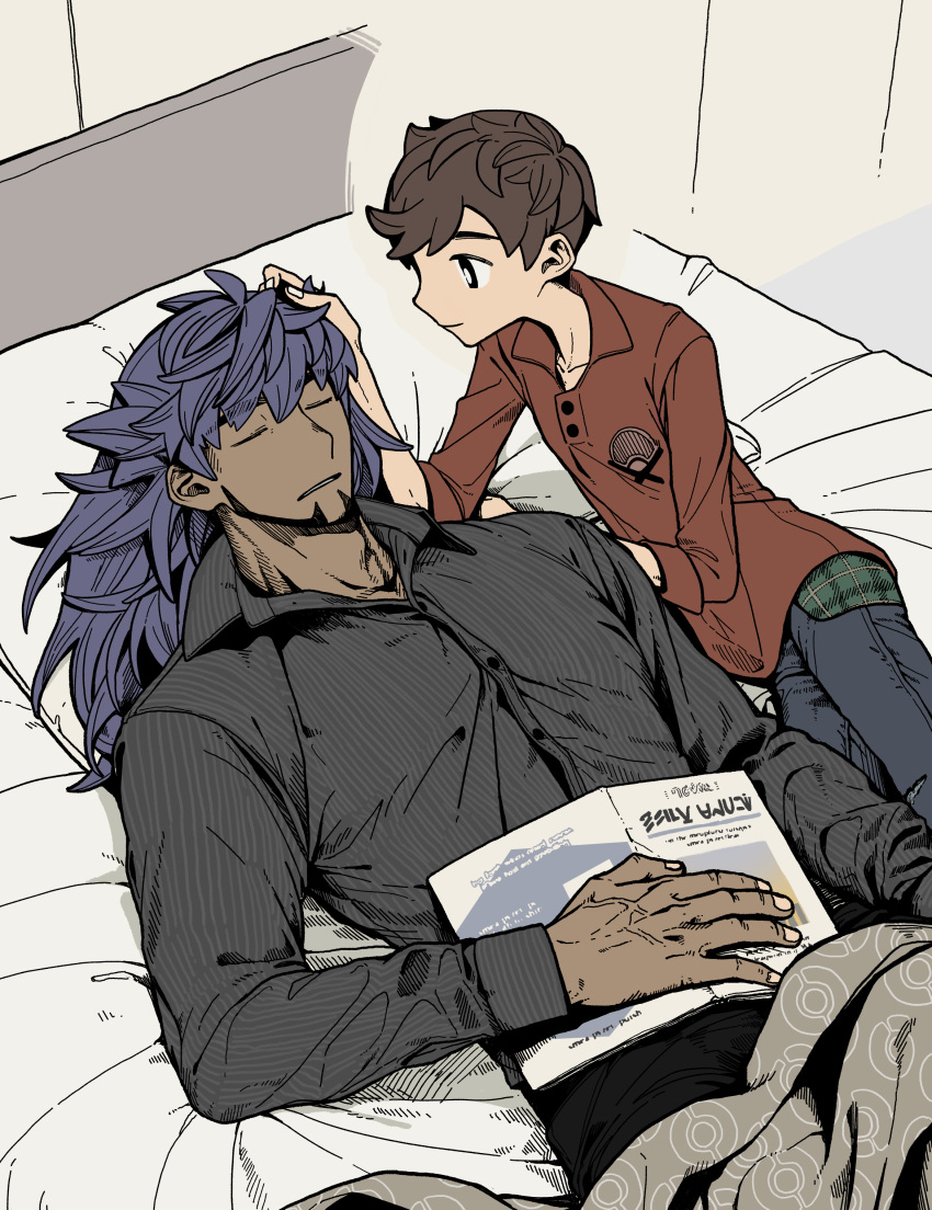 2boys absurdres age_difference brown_hair commentary_request dark-skinned_male dark_skin facial_hair hands_on_another's_head highres indoors leon_(pokemon) long_sleeves male_focus mmm3sushi multiple_boys muscular muscular_male onii-shota pants pokemon pokemon_swsh purple_hair short_hair sleeping victor_(pokemon) yaoi