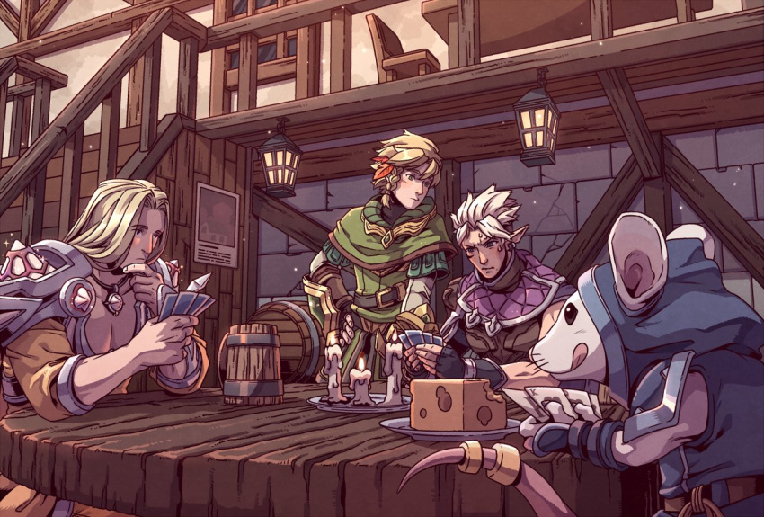 3boys armor bar_(place) barrel belt blonde_hair blush braid candle capelet card cheese cup earrings ezreal fingerless_gloves food gambling gloves hand_on_own_face holding holding_card hood hood_up indoors jewelry lantern league_of_legends long_hair male_focus md5_mismatch mouse_(animal) multiple_boys necklace pauldrons playing_card playing_games shirt short_hair shoulder_armor sitting stairs sweatdrop table talon_(league_of_legends) talon_blackwood tankard taric taric_luminshield tongue tongue_out twitch_(league_of_legends) twitch_shadowfoot undercut wenny02 white_hair window